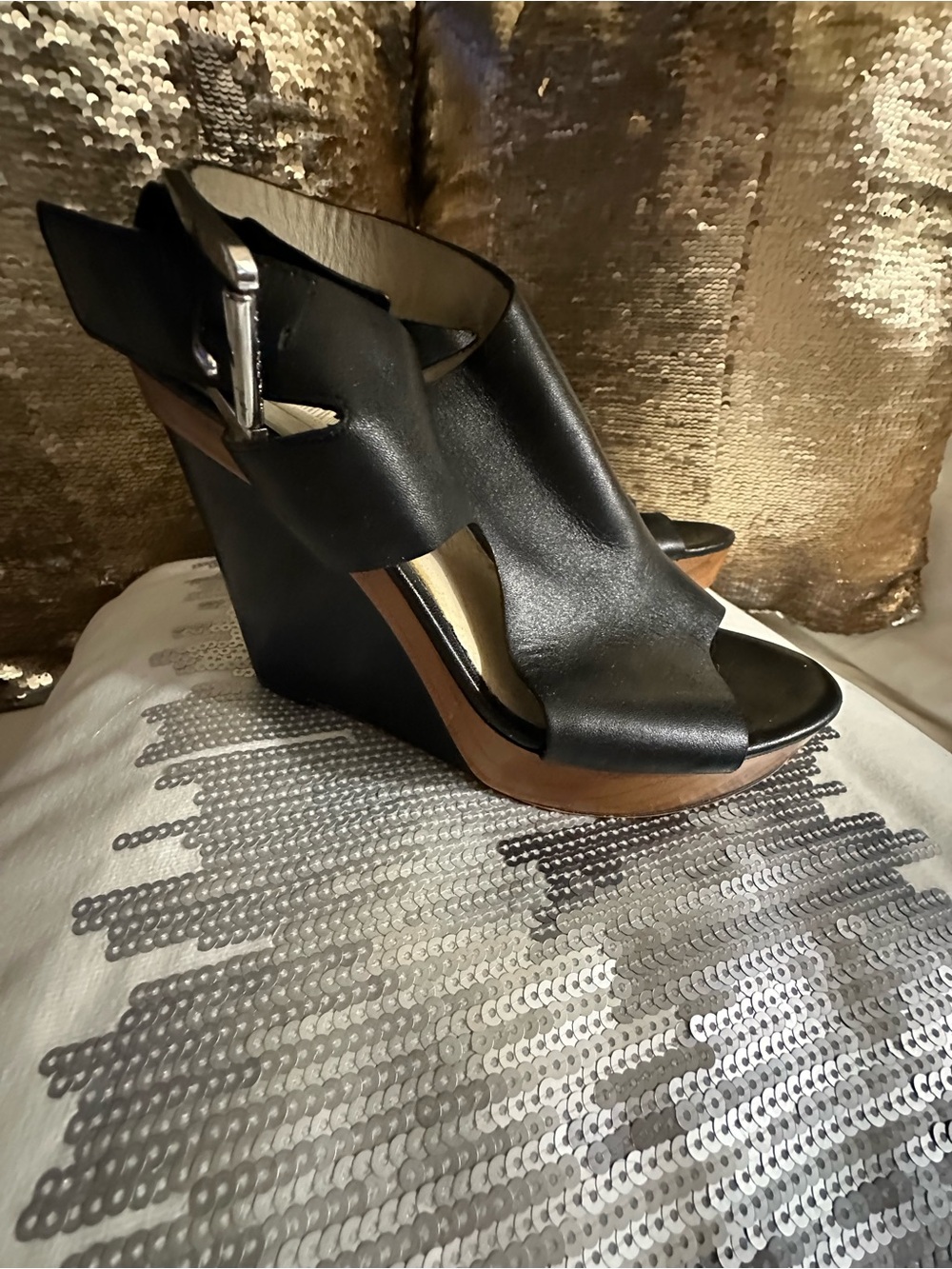 MICHAEL Michael Kors Black Leather Wedge Sandals with Tan Platform